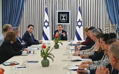 Israeli President Isaac Herzog with delegations from Likud, Yesh Atid and National Unity in Jerusalem on March 28. Photo: Kobi Gideon/GPO