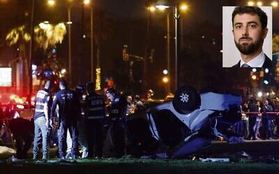 Israeli police and emergency services work around a car involved in a 
ramming attack in Tel Aviv.    Photo: AP/Oren Ziv.     Inset: Italian tourist Alessandro Parini, 35, was killed in the attack.       Photo: Italian media