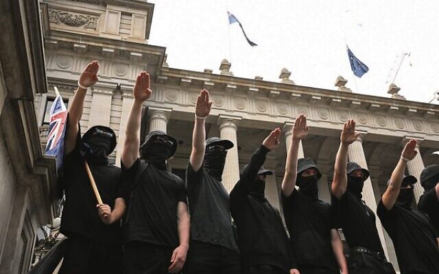 Neo-Nazi protesters outside Parliament House in Melbourne, March 18, 2023. Photo: AAP Image/James Ross
