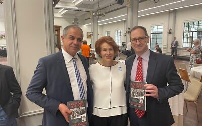 At the launch of her book, Suzi Smeed with Israel’s ambassador Amir Maimon (left) and Queensland Jewish Board of Deputies president Jason Steinberg.