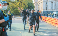 Neo-Nazis perform salutes at a demonstration in Melbourne on May 13, 2023. Photo: Michael Currie/SOPA Images/Sipa USA