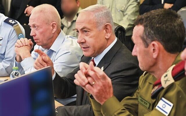 From left: Defence Minister Yoav Gallant, Prime Minister Benjamin Netanyahu and IDF Chief of Staff Herzi Halevi observe a joint US/Israeli military exercise in January 2023. Photo: Kobi Gideon/GPO