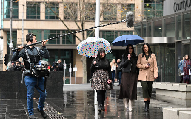 Dassi Erlich, Nicole Meyer and Elly Sapper depart from a press conference outside of the County Court of Victoria in Melbourne, Wednesday, June 28, 2023. Photo: AAP Image/James Ross