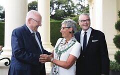Governor Linda Dessau and her spouse Anthony Howard greet Israeli president Reuven Rivlin at Government House in 2020. Photo: Peter Haskin
