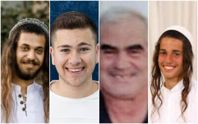From left: Harel Masood, Elisha Anteman, Ofer Fayerman, and Nachman Mordoff, who were killed in a shooting attack near the West Bank settlement of Eli on June 20, 2023. Photos: supplied/Times of Israel