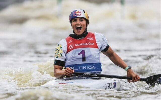 Jessica Fox celebrates after winning the women's canoe final in Prague last weekend in round two of the 2023 World Cup series. Photo: Bence Vekassy/ICF
