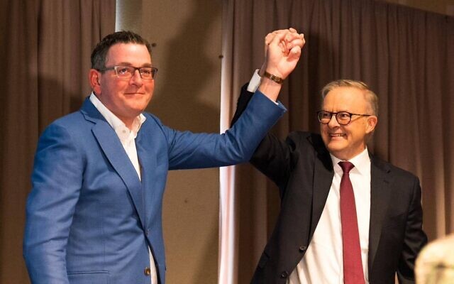Victorian Premier Daniel Andrews and Prime Minister Anthony Albanese at the Victorian Labor conference on Saturday. Photo: Victorian Labor/Facebook
