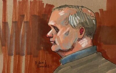 In this courtroom sketch, Robert Bowers, the suspect in the 2018 synagogue massacre, is on trial in federal court in Pittsburgh. Photo: David Klug/AP
