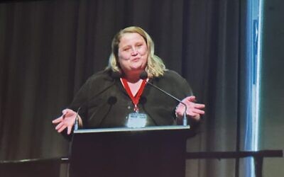 Union official Kat Hardy moves the motion at the Victorian Labor conference calling on the federal government to recognise Palestine "within the term of this Parliament". Photo: Supplied