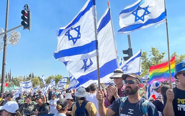 Protesters demonstrate outside the Supreme Court in Jerusalem after the coalition passes its reasonableness limitation law, July 24, 2023. Photo: Jeremy Sharon/ Times of Israel