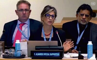 UN Special Rapporteur Francesca Albanese addresses the UN. 
Photo: Screenshot/YouTube, used in accordance with Clause 27a of the Copyright Law