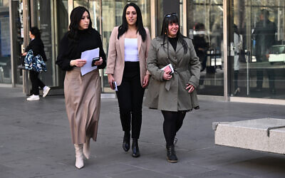 From left: Nicole Meyer, Elly Sapper and Dassi Erlich leave the Victorian County Court last Thursday after Malka Leifer was sentenced to 15 years in jail. Photo: AAP Image/Joel Carrett