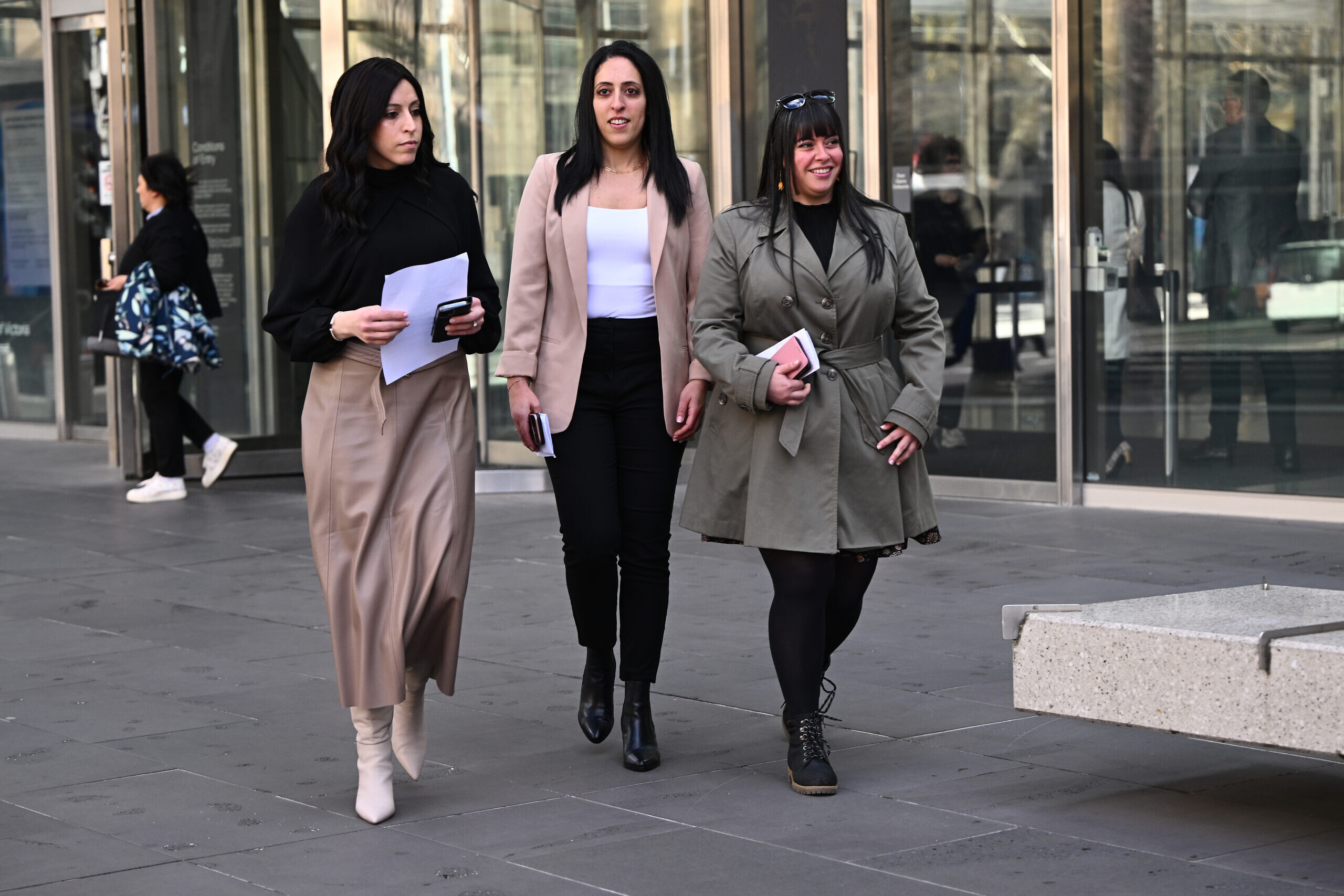 From left: Nicole Meyer, Elly Sapper and Dassi Erlich leave the Victorian County Court last Thursday after Malka Leifer was sentenced to 15 years in jail. Photo: AAP Image/Joel Carrett