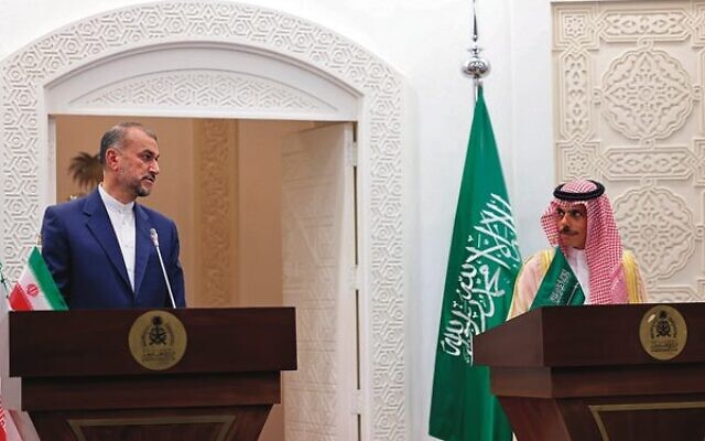 Iran's Hossein Amir-Abdollahian (left) and Saudi Arabia's Prince Faisal bin Farhan at a joint press conference. 
Photo: Fayez Nureldine/AFP