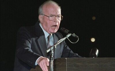 Prime Minister Yitzhak Rabin speaks to a crowd of more than 100,000 Israelis at a peace rally in Tel Aviv on November 4, 1995, minutes before being assassinated. Photo: AP Photo/Nati Harnik, File