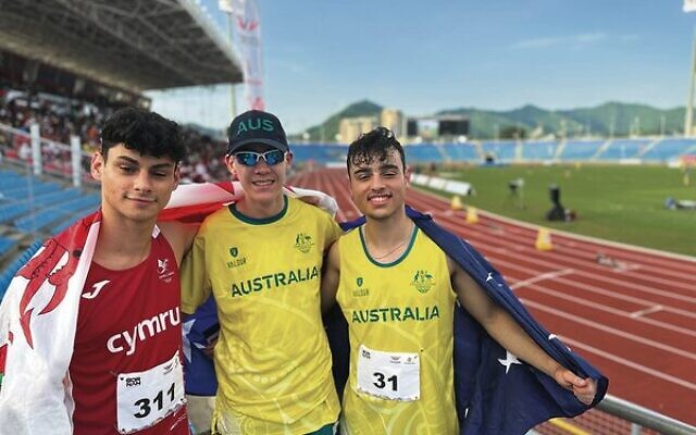 Long jump medallists (from left) William Bishop, Jackson Love and Ori Drabkin. Photo: Commonwealth Games Australia