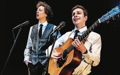 William Sharp and Oliver Cave as Simon and Garfunkel.