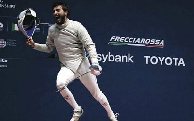 Eli Dershwitz celebrates after winning the sabre men's senior individual semifinal during the Fencing World Championships in Milan. Photo: Pier Marco Tacca/Getty Images