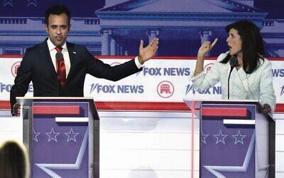 Vivek Ramaswamy and Nikki Haley speak during a Republican presidential primary debate. Photo: AP Photo/Morry Gash
