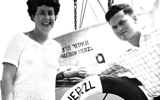 Newly married Susie Klein with her husband aboard the Theodor Herzl, 1959.