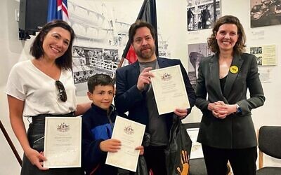 Wentworth MP Allegra Spender (right) with a family of new Australian citizens at the ceremony at JewishCare.