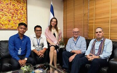 At Israel's Bangkok-based embassy, from left, Tongly Ton, Doeb Chhay (CRST), ambassador Orna Sagiv, Aviv Palti (CRST) and the embassy's political attache Isaac Sagiv discuss Israel's commitment to the Cambodian aid project.