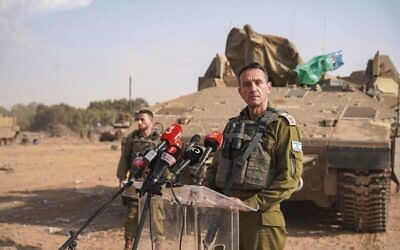 IDF Chief of Staff Lt. Gen. Herzi Halevi speaks to media near the Gaza border. 
Photo: Emanuel Fabian/Times of Israel