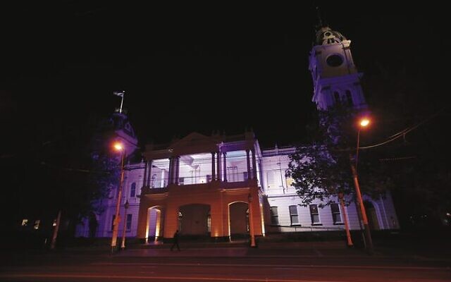 Malvern Town Hall lit up in blue and white. Photo: Peter Haskin