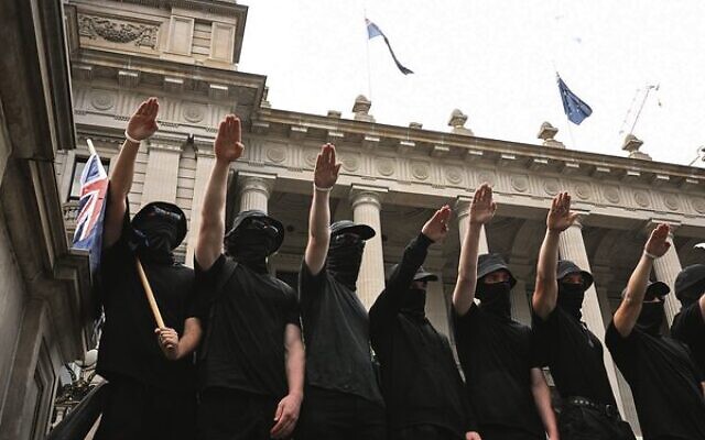 Neo-Nazi protesters outside Parliament House in Melbourne on Saturday, March 18. Photo: AAP Image/James Ross