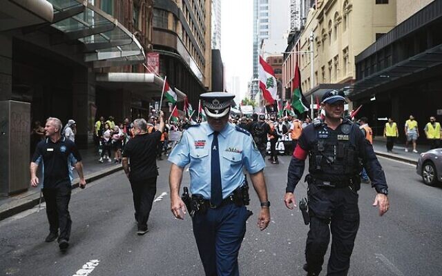 Protesters are seen during a Pro-Palestine demonstration at Hyde Park in Sydney. Photo: AAP/Flavio Brancaleone