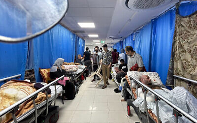 File: Palestinians seen at Al-Shifa Hospital in Gaza City, November 10, 2023. (The Times of Israel: Flash90)