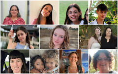 Israeli hostages released on November 25, 2023: Top from L-R: Sharon Avigdori and her daughter Noam, siblings Alma and Noam Or; middle: Hila Rotem, Emily Hand, Shiri Weiss and her daughter Noga; bottom: Adi Shoham and children Yahel and Naveh, Maya Regev, and Shoshan Haran. (Photos: Courtesy; combination image: Times of Israel)