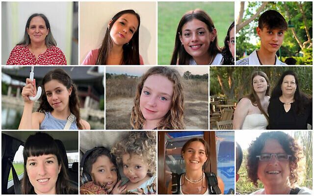 Israeli hostages released on November 25, 2023: Top from L-R: Sharon Avigdori and her daughter Noam, siblings Alma and Noam Or; middle: Hila Rotem, Emily Hand, Shiri Weiss and her daughter Noga; bottom: Adi Shoham and children Yahel and Naveh, Maya Regev, and Shoshan Haran. (Photos: Courtesy; combination image: Times of Israel)