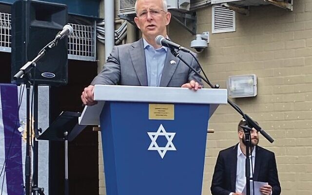 Federal Member for Bradfield, Paul Fletcher, speaking at the communal barbecue for Israel at Masada College on November 5.