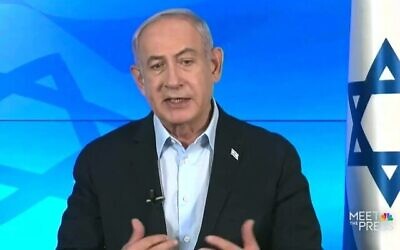 Prime Minister Benjamin Netanyahu speaks to NBC's "Meet the Press," on November 12, 2023. (The Times of Israel: NBC screenshot: used in accordance with Clause 27a of the Copyright Law)
