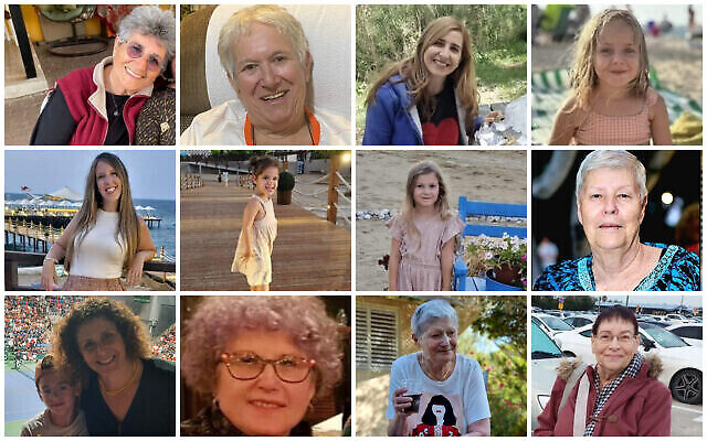 Israeli hostages released on November 24, 2023: Top from L-R: Adina Moshe, Margalit Moses, Danielle Aloni and her daughter Emilia; middle: Doron Asher and her daughters Raz and Aviv, Hannah Katzir; bottom row: Keren Munder and her son Ohad, Ruti Munder, Yaffa Adar and Channah Peri. Photo: Courtesy/ The Times of Israel.