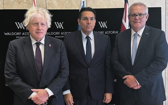 From left: Boris Johnson, Danny Danon and Scott Morrison in Israel.