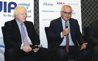 Former prime ministers Boris Johnson and Scott Morrison address the UIA lunch. Photo: Giselle Haber