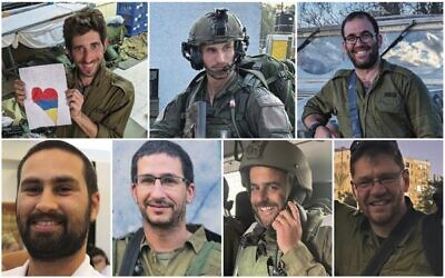 IDF soldiers killed in the Gaza Strip. Top L-R Sgt. Maj. (res.) Etay Perry, Cpt. (res.) Eliya Yanovsky, Master Sgt. (res.) Ari Yehiel Zenilman. Bottom: Sgt. Maj. (res.) Gideon Ilani, Maj. (res.) Eviatar Cohen, Maj. Gal Becher, and Maj. (res.) Roman Bronshtein. Photo: TOI