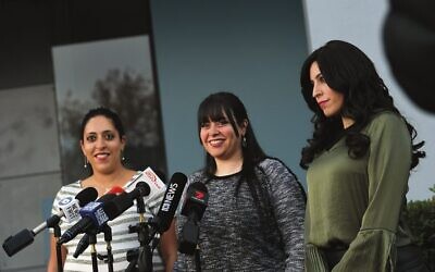 Sisters Elly Sapper, Dassi Erlich and Nicole Meyer speak to the media on May 27, 2020 following news an Israeli court has ruled Malka Leifer is mentally fit to be extradited to Australia.   Photo: AAP Image/James Ross