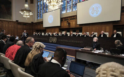 Judges and parties sit during a hearing at the International Court of Justice in The Hague, Netherlands, Jan. 12, 2024. (The Times of Israel: AP Photo/Patrick Post)