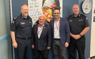 JCCV President Philip Zajac (second from left) and CSG Victoria CEO Justin Kagan (second from right) meeting with Deputy Commissioner Neil Paterson (left) and Assistant Commissioner Chris Gilbert (right) on Dec 29.