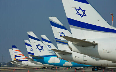 File - El Al airplanes on the tarmac at Israel's Ben Gurion International Airport, October 4, 2022. (The Times of Israel: Moshe Shai/Flash 90)