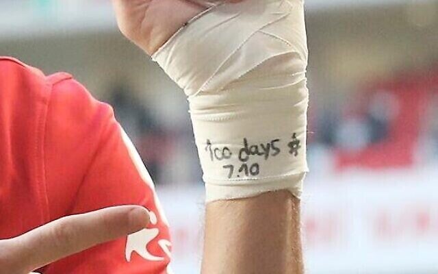 Israeli soccer player Sagiv Jehezkel displays a message of solidarity with hostages held in Gaza while celebrating a goal for Turkish club Antalyaspor on January 14, 2024. (The Times of Israel: Antalyaspor/X; used in accordance with Clause 27a of the Copyright Law)