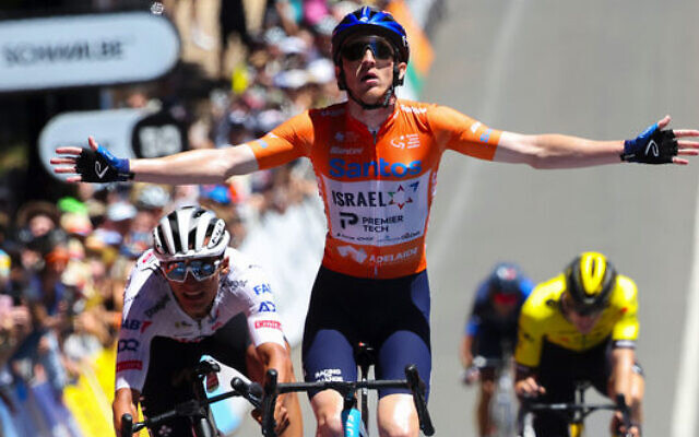 Israel Premier Tech's Stephen Williams celebrates winning the 2024 Tour Down Under on January 21. Photo: Tour Down Under