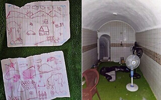 Images released by the IDF on January 20 from a tunnel in Khan Younis. Left: drawings by Emilia Aloni; right: an area where hostages were held. Photos: IDF