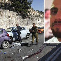 Police at the scene of a terror shooting attack outside of Ma'ale Adumim in the West Bank, February 22, 2024. (AP Photo/Mahmoud Illean); Inset: Matan Elmaliah, 26, from Ma'ale Adumim, who was killed in the attack. (X)