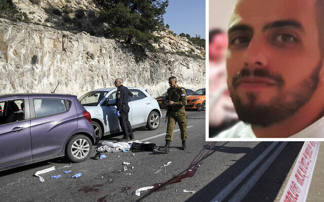 Police at the scene of a terror shooting attack outside of Ma'ale Adumim in the West Bank, February 22, 2024. (AP Photo/Mahmoud Illean); Inset: Matan Elmaliah, 26, from Ma'ale Adumim, who was killed in the attack. (X)