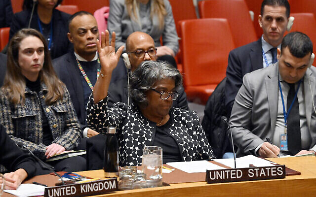 US Ambassador to the UN Linda Thomas-Greenfield casts a veto vote during a UN Security Council meeting on the Israel-Hamas war, at UN Headquarters in New York City on February 20, 2024. (The Times of Israel: Angela Weiss/AFP)