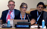 UN Special Rapporteur Francesca Albanese addresses the UN, October 2022. (The Times of Israel: Screenshot/ YouTube, used in accordance with Clause 27a of the Copyright Law)